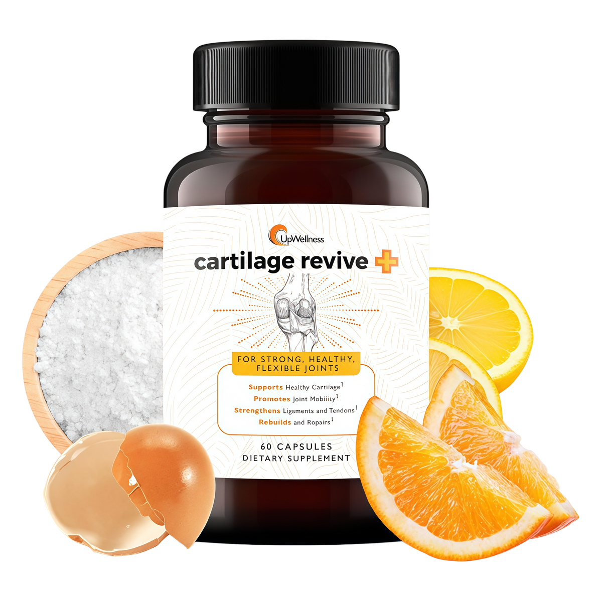 UpWellness Cartilage Revive + Joint Support Supplement for Men and Women with Type II Collagen for Joints - D-Glucosamine Sulfate, MSM, Vitamin D3, Vitamin C and More - 60 Capsules