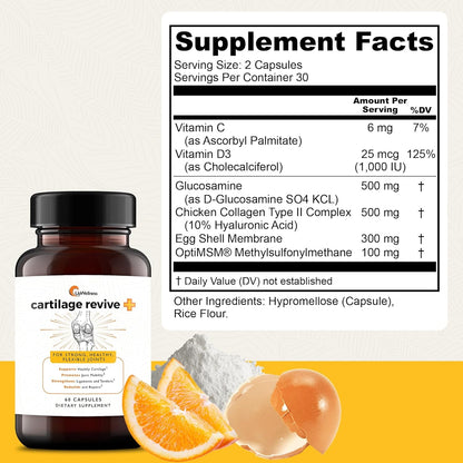 UpWellness Cartilage Revive + Joint Support Supplement for Men and Women with Type II Collagen for Joints - D-Glucosamine Sulfate, MSM, Vitamin D3, Vitamin C and More - 60 Capsules