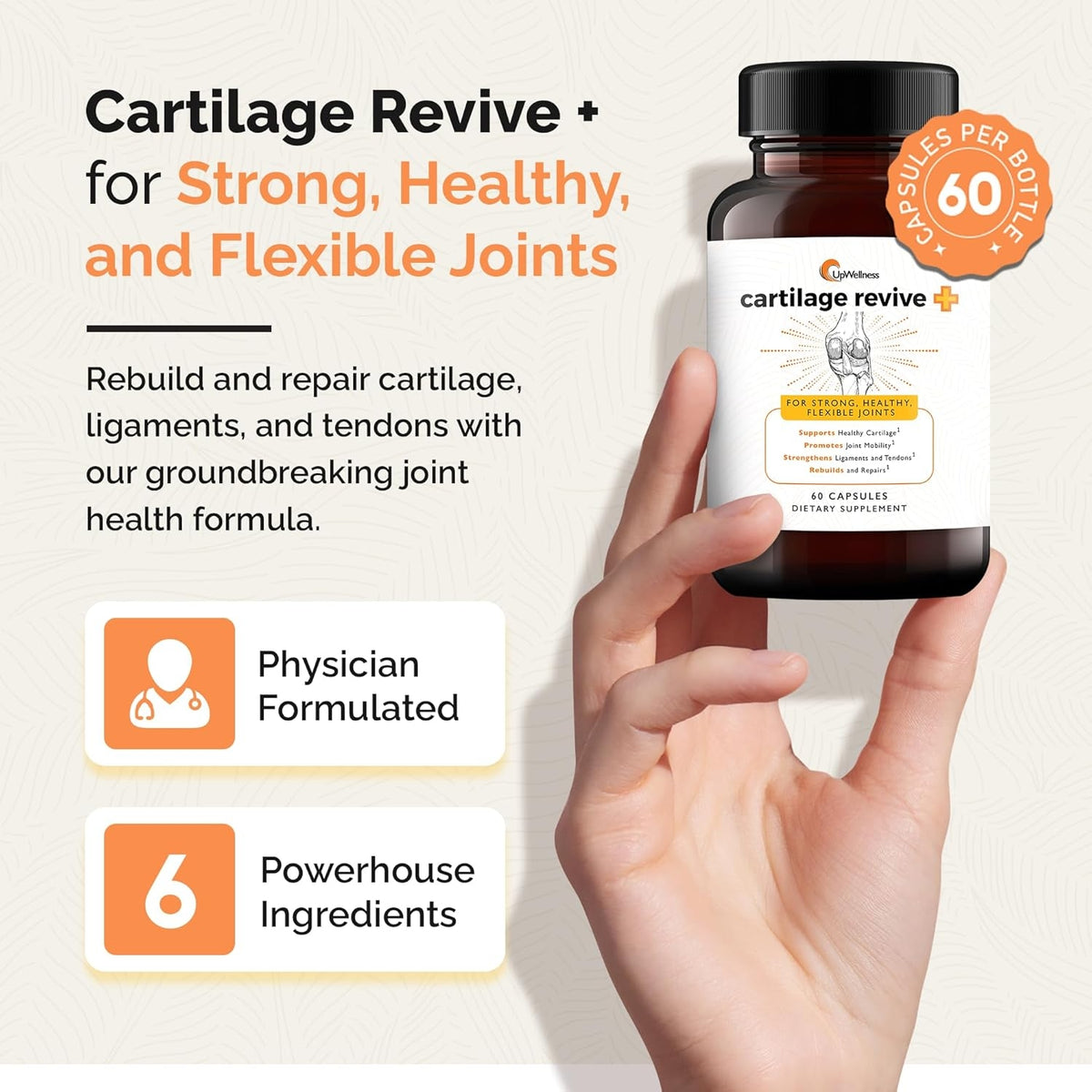 UpWellness Cartilage Revive + Joint Support Supplement for Men and Women with Type II Collagen for Joints - D-Glucosamine Sulfate, MSM, Vitamin D3, Vitamin C and More - 60 Capsules